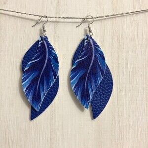 Blue Two Layer PU Leather Feather Leaf Earrings